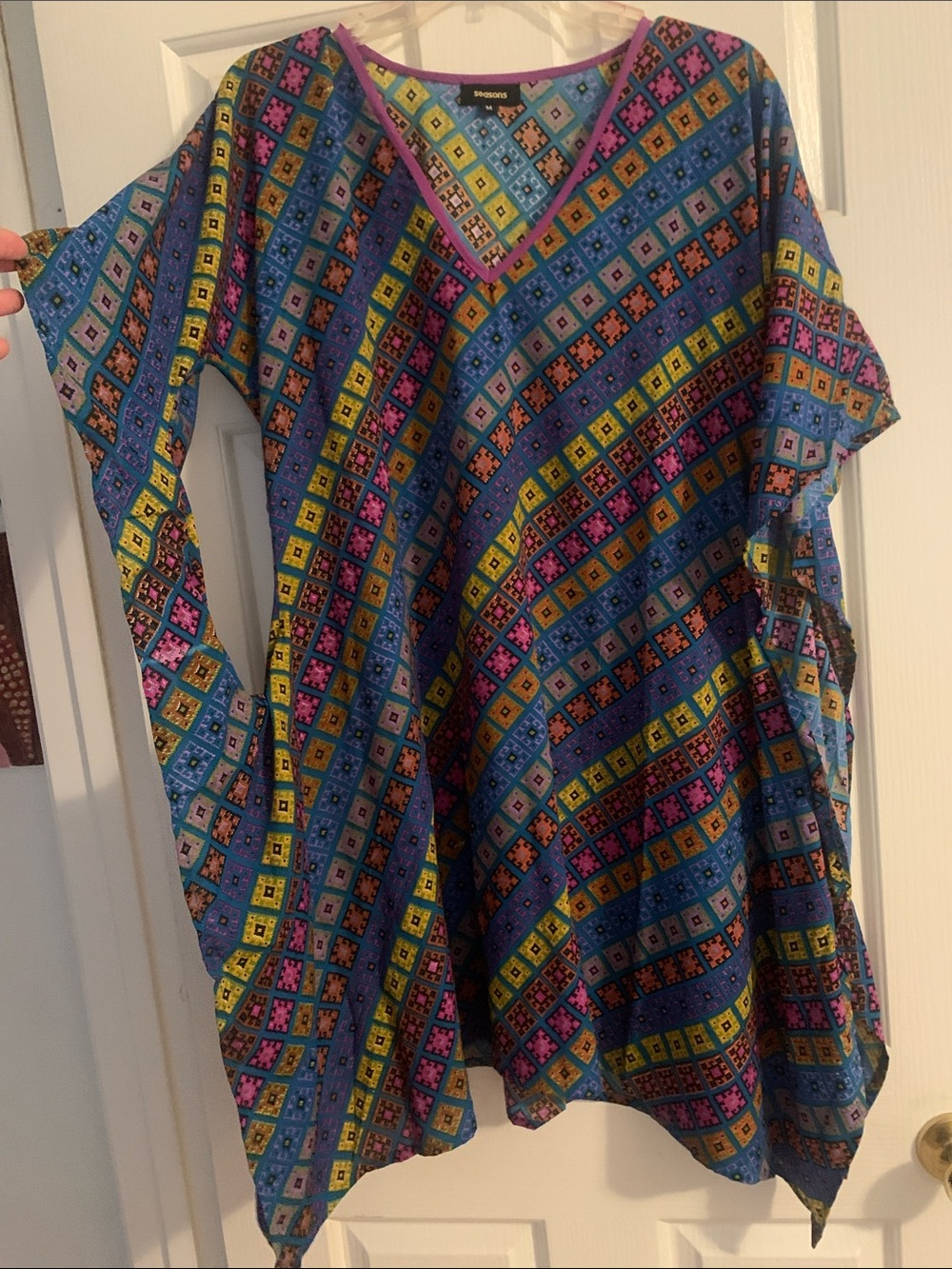 Bright Blue Geometric Mini Dress with Pink and Yellow Accents